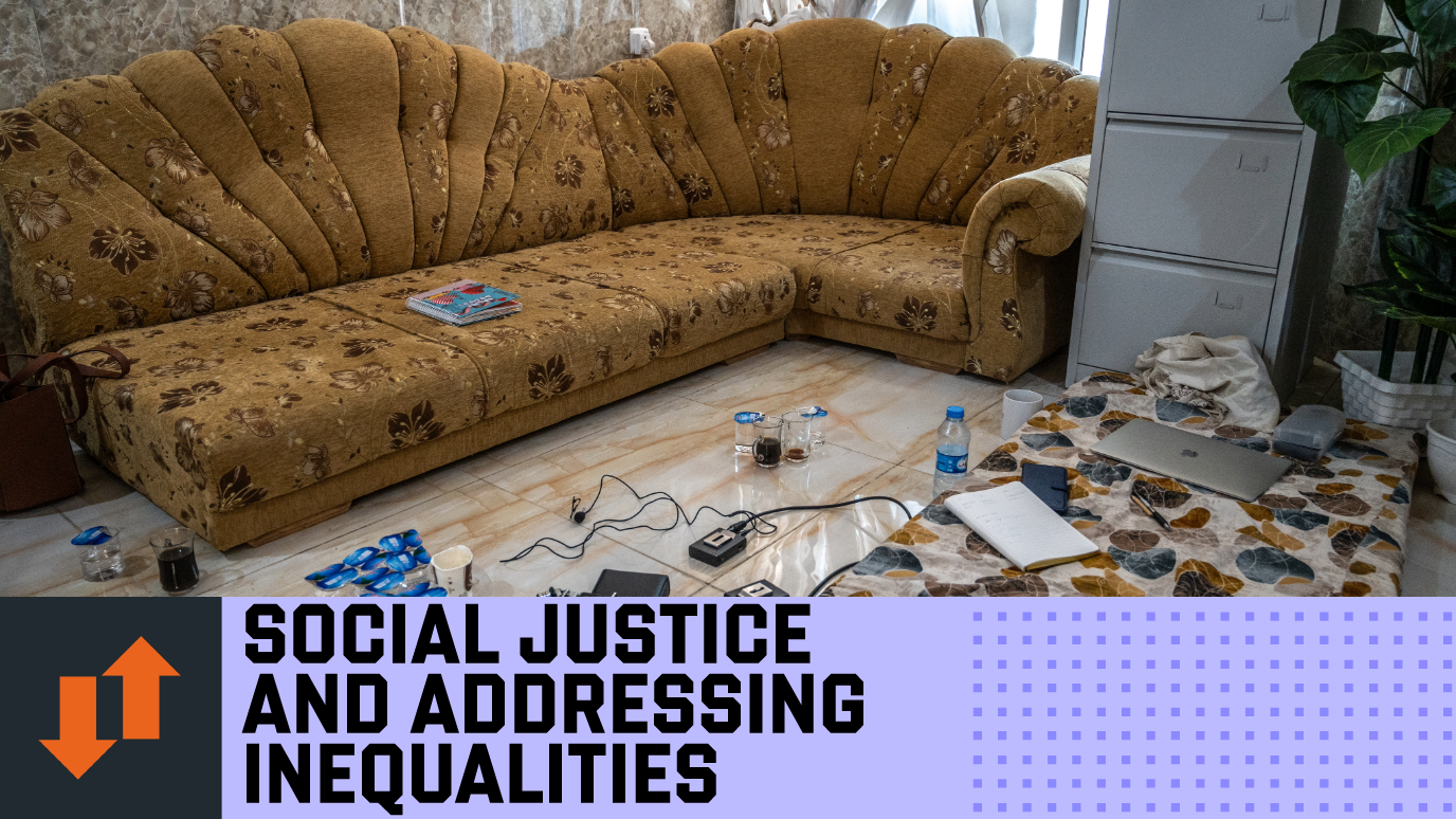 Photograph of the room used to interview surviours (copyright Claire Thomas, used with permission), with Social Justice and Adressing Inequalities banner underneath.