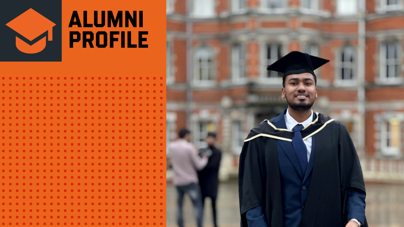 Vigneshwar Ambedu Venkatesan - Business Alumni Profile Hero orange graphic banner