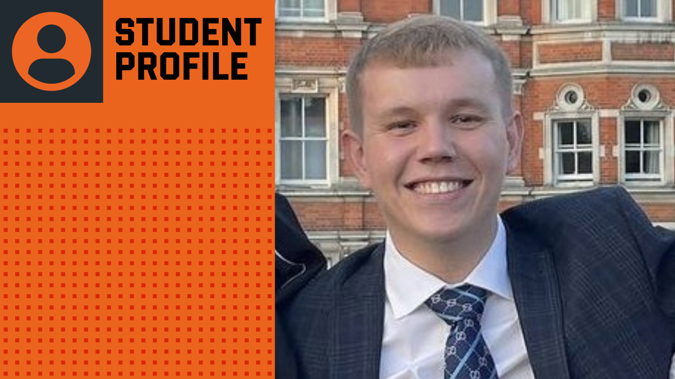 Hero image - left side orange and slate grey graphic banner reading 'Student Profile'. Right side phot of Owen, light haired dark eyed young man smiling towards camera wearing suit and tie