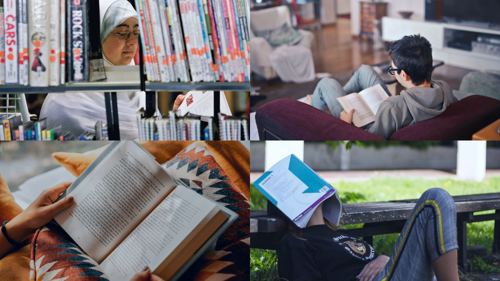 Montage of four images showing teenagers reading, top left female wearing head scarf seen between books on a library shelf, top right back view of dark haired child wearing glasses sitting on sofa with book on lap, bottom left, hands holding open book on top of cushion with graphic patterns  and bottom right teenager leaning back against bench with text book open across face